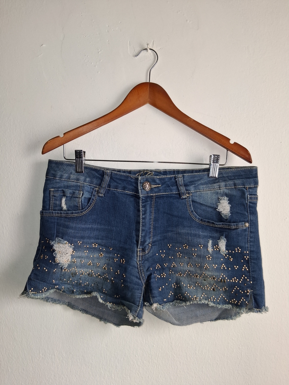 Studded Distressed Denim Shorts in Blue